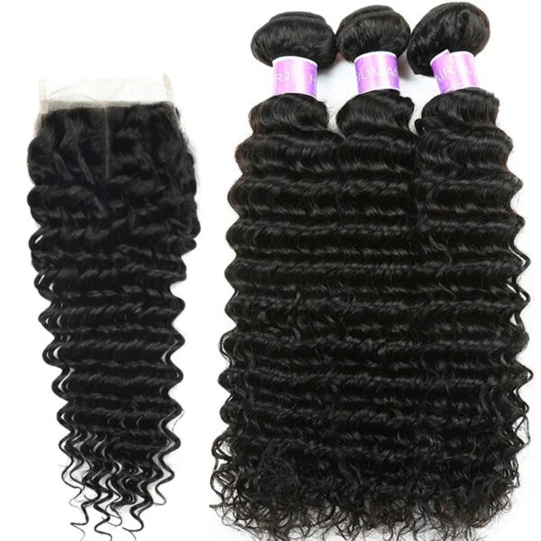 Deep Wave Human Hair Bundles With Closure 4 pcs