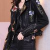 Women's Biker Leather Jacket Floral Print Embroidery
