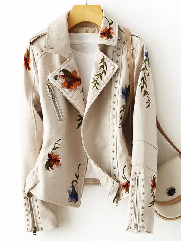 Women's Retro Floral Print Embroidery Faux Soft Leather Jacket