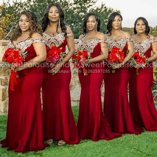 Mermaid Bridesmaid Dresses Long Red Off Shoulder