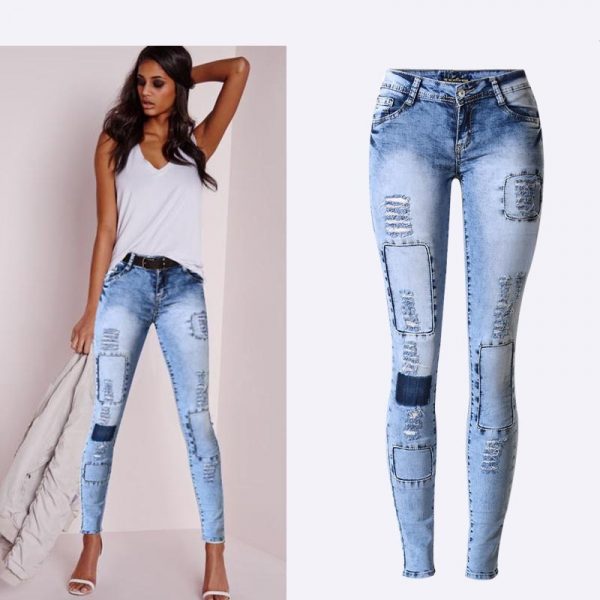 Low Waist Sky Blue Patchwork Skinny Tights Women Pencil Jeans