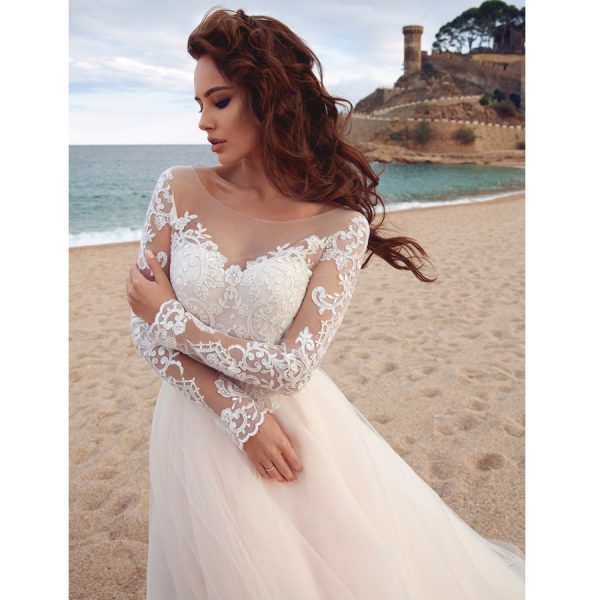 Beach Wedding Dress for Women Long Sleeves A-Line Scoop Neck