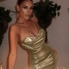 Women Sexy Spaghetti Strap Gold Midi Party Dress