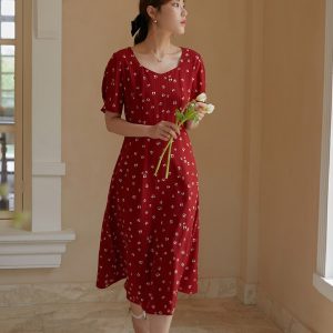 Red Floral Chiffon Dress