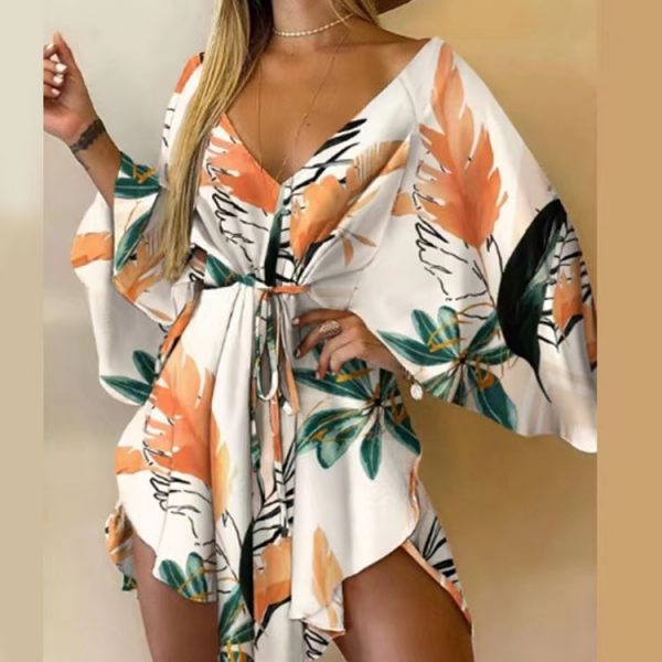 Floral Print Mini Dress Casual Flared Sleeves Ladies Party Dress